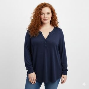 Penningtons Blue Long Sleeve V-Neck Knit Top Henley Shirt Stretch Plus Size X